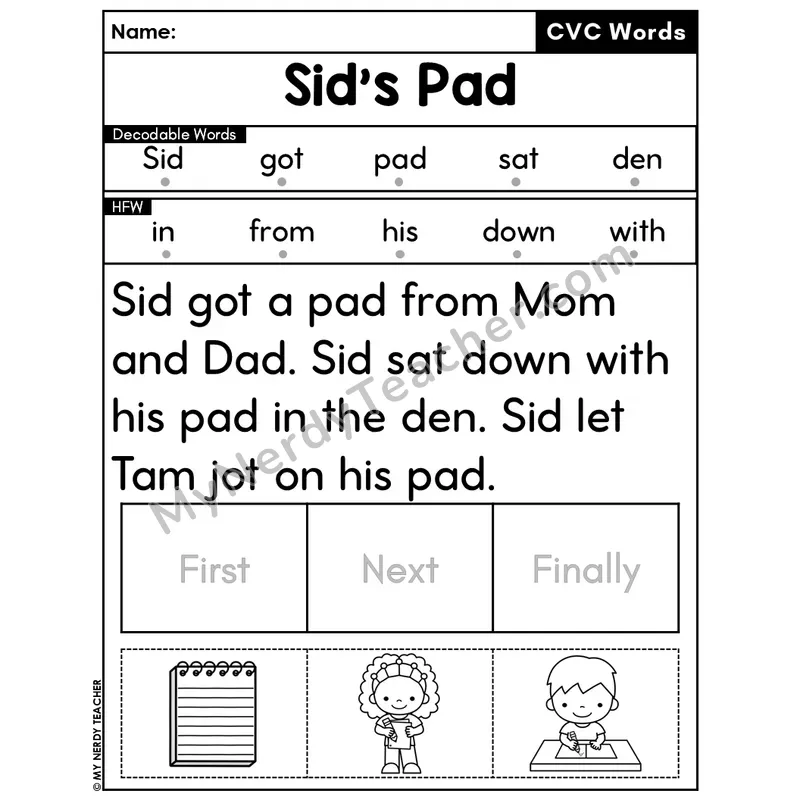 CVC Decodable Passage & Sequencing — Editable PPT #29 — Sid's Pad