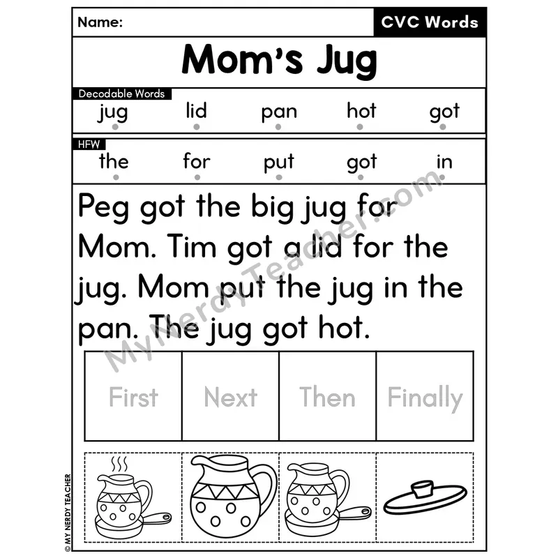 CVC Decodable Passage & Sequencing — Editable PPT #31 — Mom's Jug