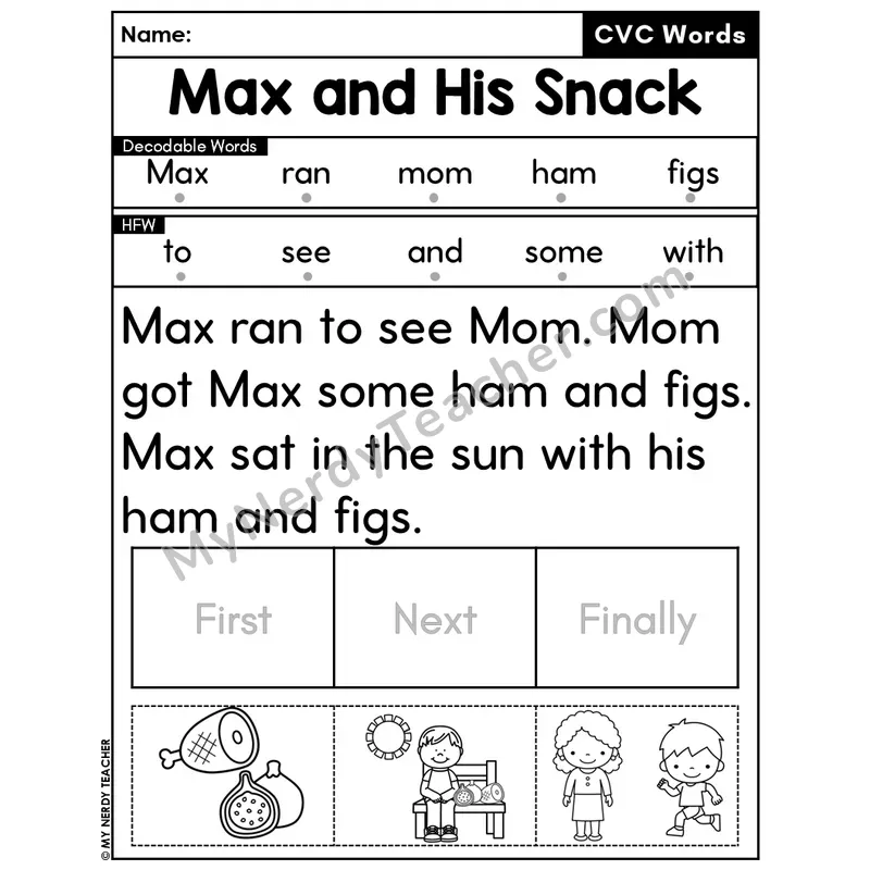 CVC Decodable Passage & Sequencing — Editable PPT #30 — Max and His Snack
