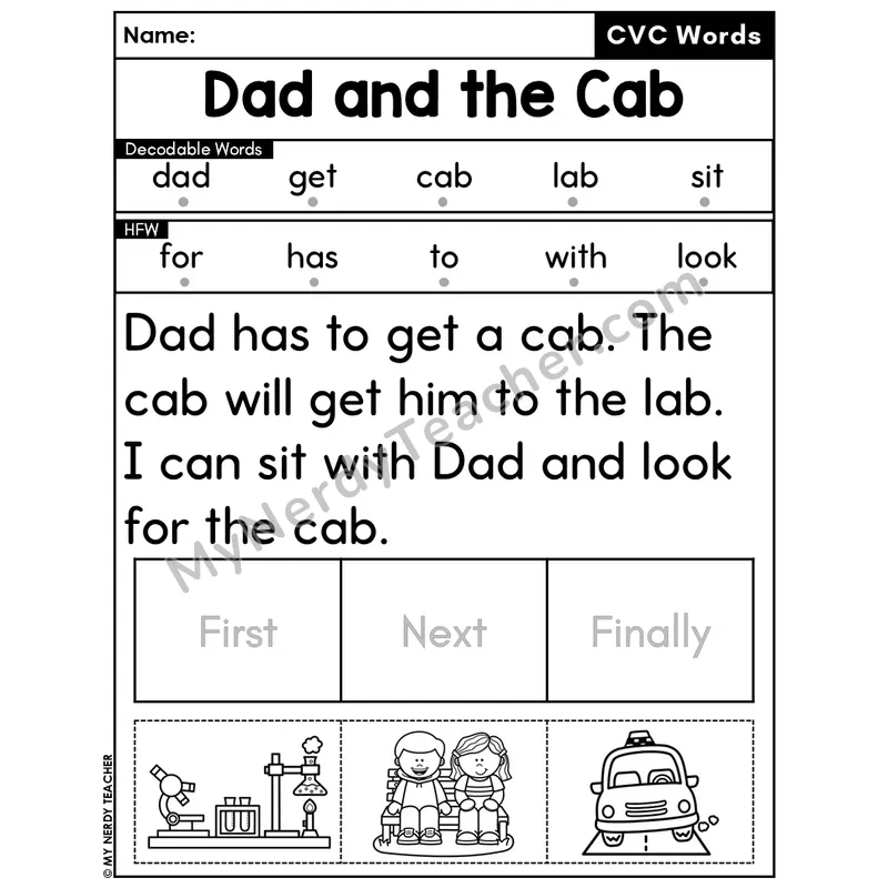 CVC Decodable Passage & Sequencing — Editable PPT #25 — Dad and the Cab