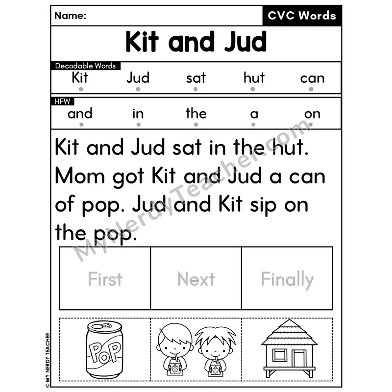 CVC Decodable Passage & Sequencing — Editable PPT #23 — Kit and Jud