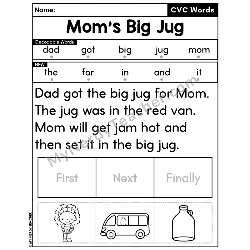 CVC Decodable Passage & Sequencing — Editable PPT #17 — Mom's Big Jug