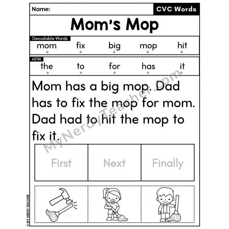 CVC Decodable Passage & Sequencing — Editable PPT #18 — Mom's Mop