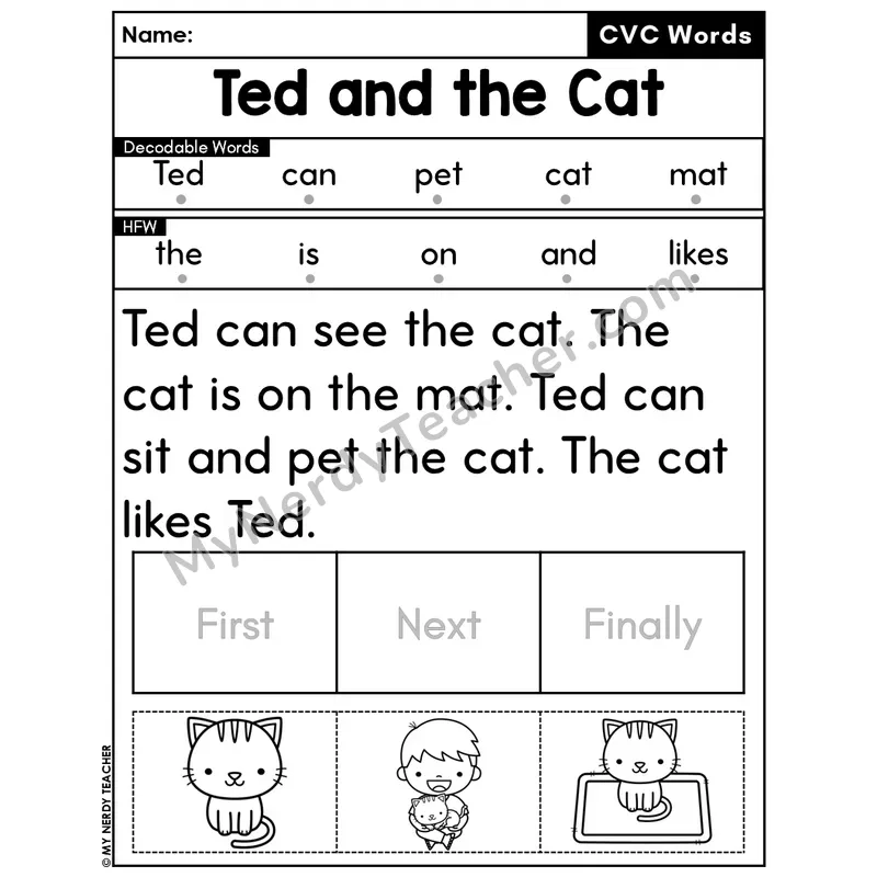 CVC Decodable Passage & Sequencing — Editable PPT #20 — Ted and the Cat