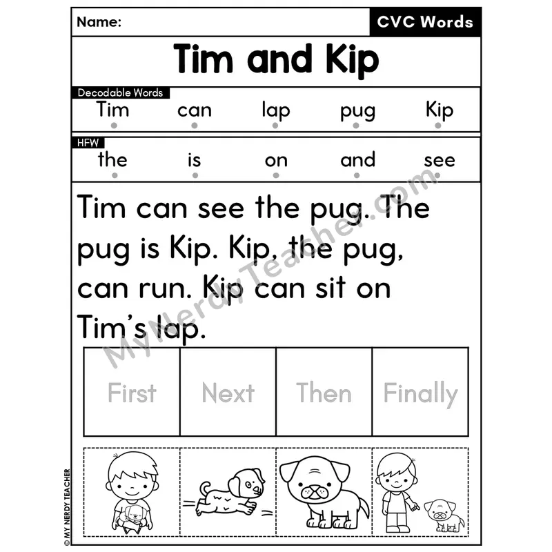 CVC Decodable Passage & Sequencing — Editable PPT #19 — Tim and Kip