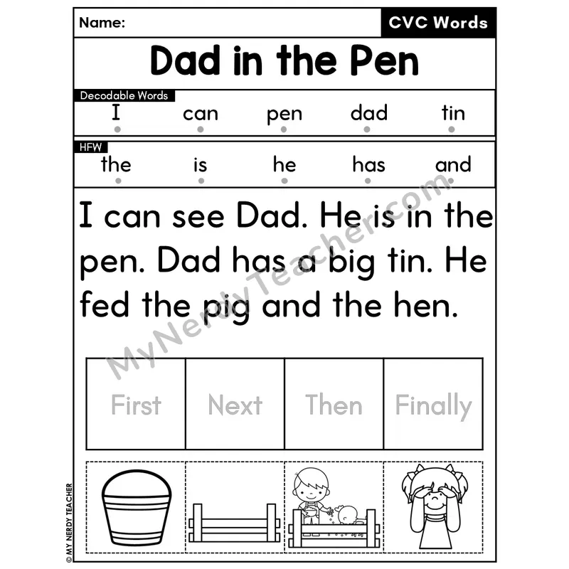 CVC Decodable Passage & Sequencing — Editable PPT #21 — Dad in the Pen