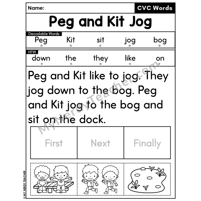 CVC Decodable Passage & Sequencing — Editable PPT #14 — Peg and Kit Jog