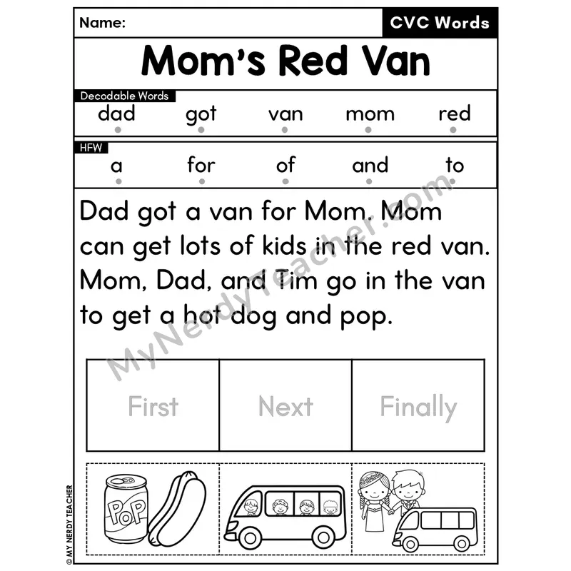CVC Decodable Passage & Sequencing — Editable PPT #13 — Mom's Red Van
