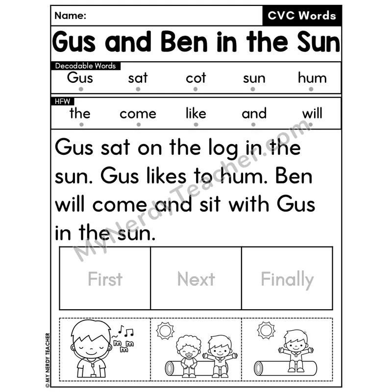 CVC Decodable Passage & Sequencing — Editable PPT #12 — Gus and Ben in the Sun