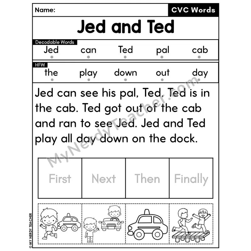CVC Decodable Passage & Sequencing — Editable PPT #10 — Jed and Ted