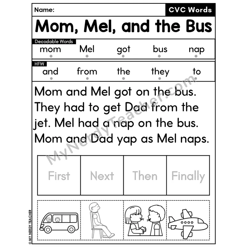 CVC Decodable Passage & Sequencing — Editable PPT #16 — Mom, Mel, and the Bus