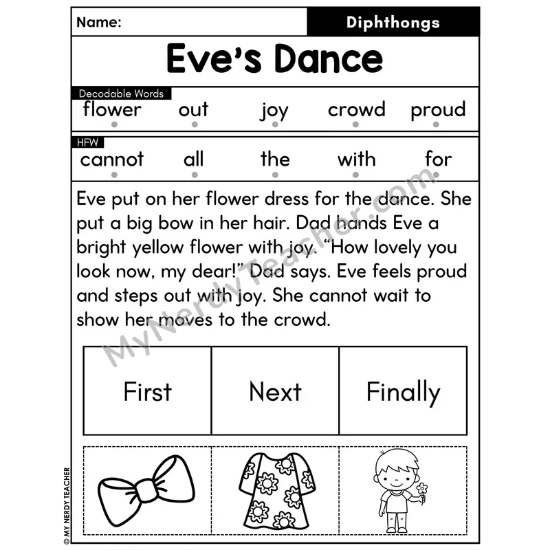 Diphthongs Decodable Passage with Sequencing #49 — Eve's Dance