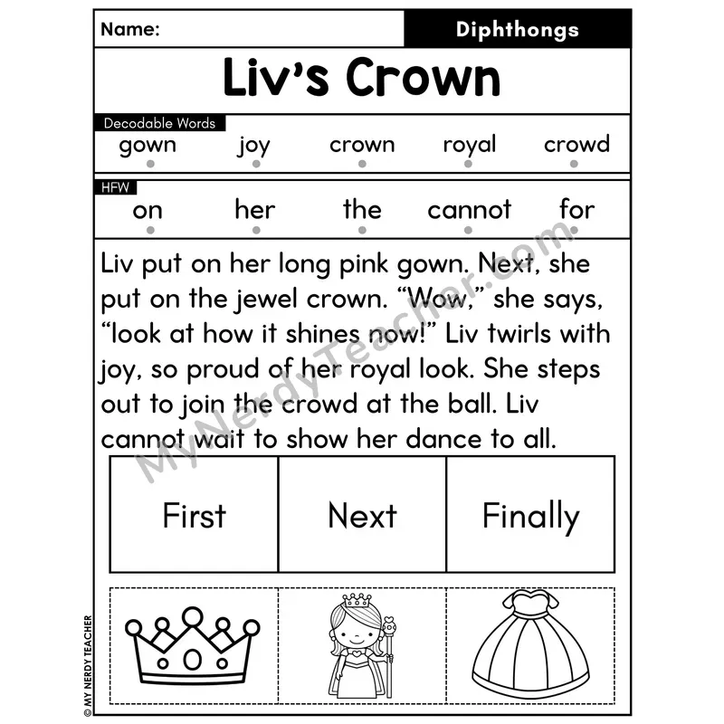 Diphthongs Decodable Passage with Sequencing #48 — Liv's Crown