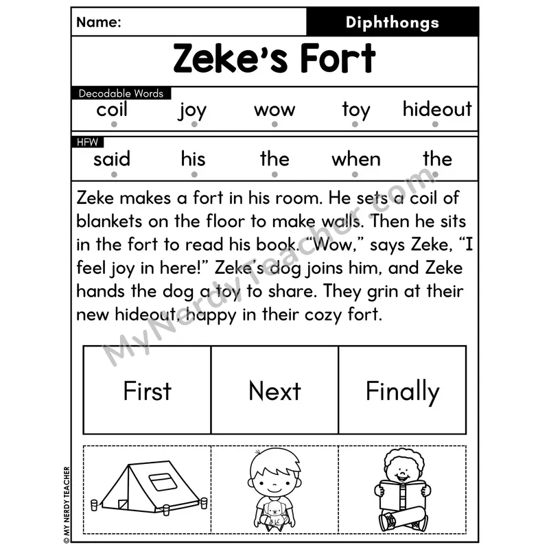 Diphthongs Decodable Passage with Sequencing #47 — Zeke's Fort