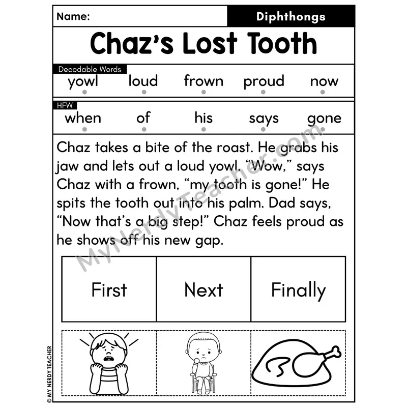 Diphthongs Decodable Passage with Sequencing #46 — Chaz's Lost Tooth