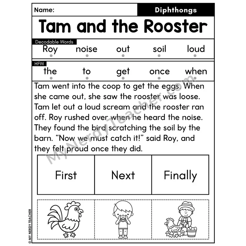 Diphthongs Decodable Passage with Sequencing #43 — Tam and the Rooster