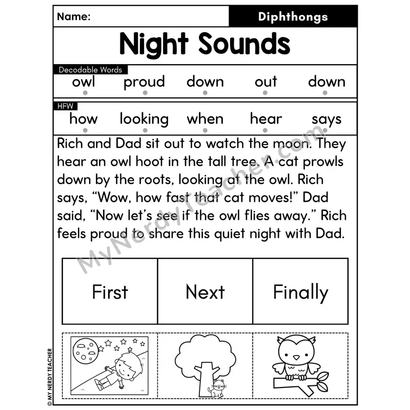 Diphthongs Decodable Passage with Sequencing #41 — Night Sounds