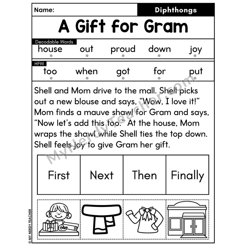 Diphthongs Decodable Passage with Sequencing #42 — A Gift for Gram