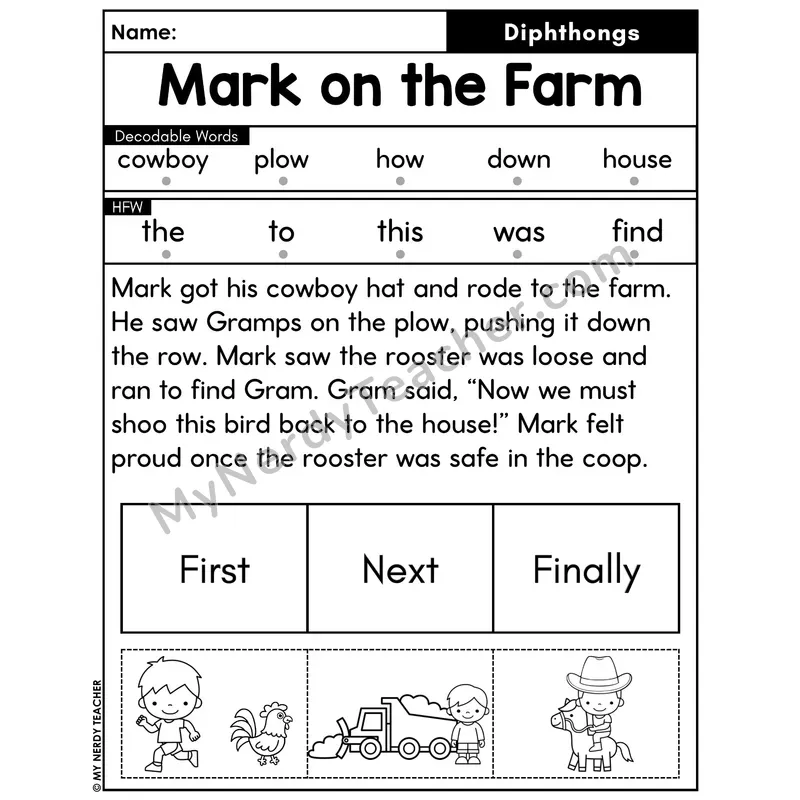 Diphthongs Decodable Passage with Sequencing #36 — Mark on the Farm