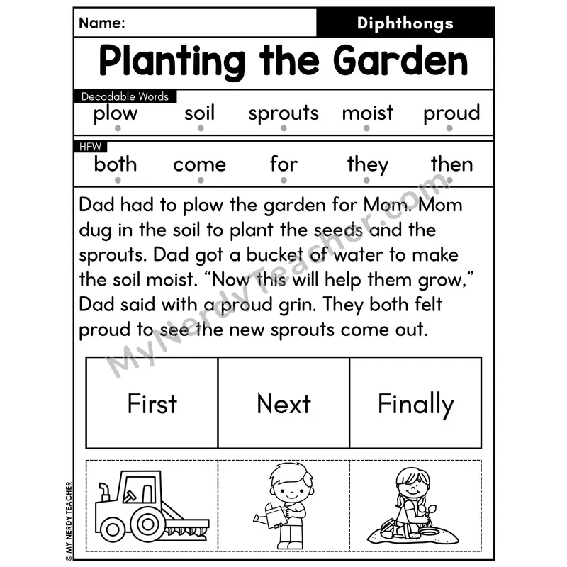 Diphthongs Decodable Passage with Sequencing #37 — Planting the Garden