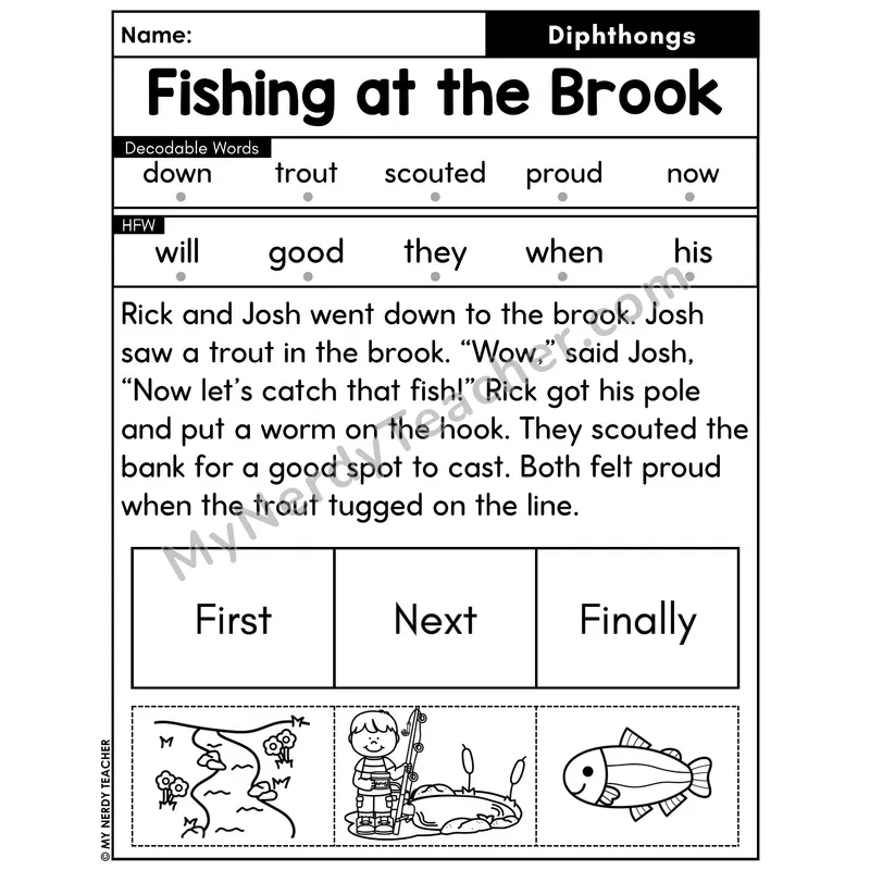 Diphthongs Decodable Passage with Sequencing #38 — Fishing at the Brook
