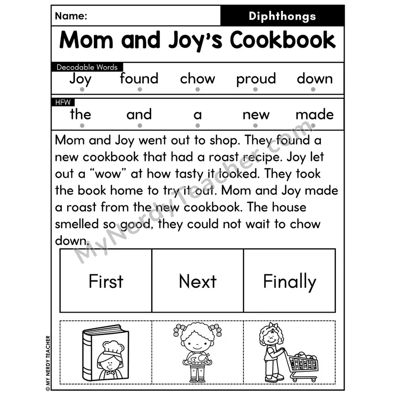 Diphthongs Decodable Passage with Sequencing #30 — Mom and Joy's Cookbook