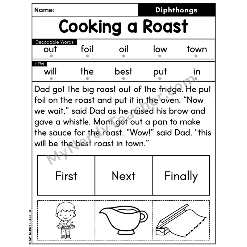 Diphthongs Decodable Passage with Sequencing #34 — Cooking a Roast