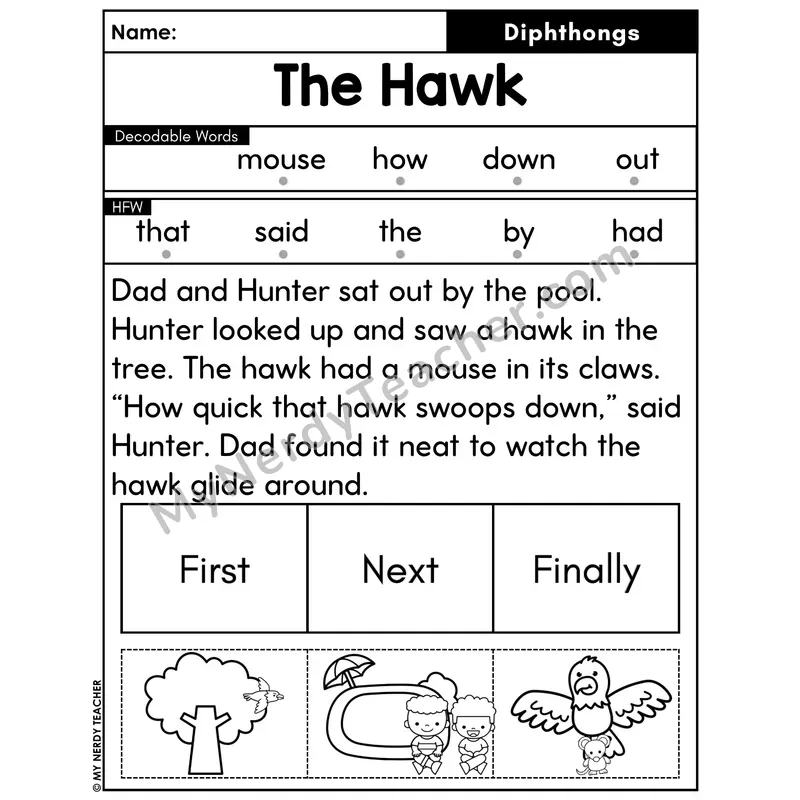 Diphthongs Decodable Passage with Sequencing #35 — The Hawk