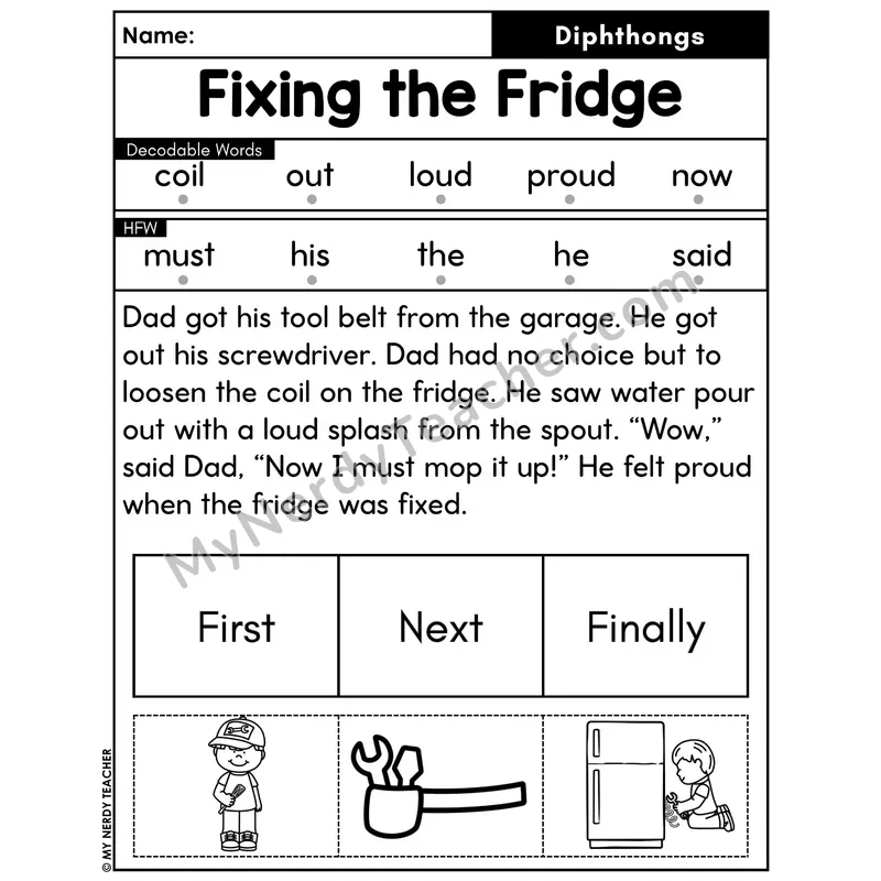 Diphthongs Decodable Passage with Sequencing #33 — Fixing the Fridge
