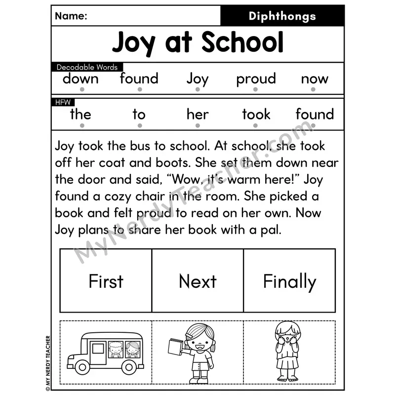 Diphthongs Decodable Passage with Sequencing #27 — Joy at School