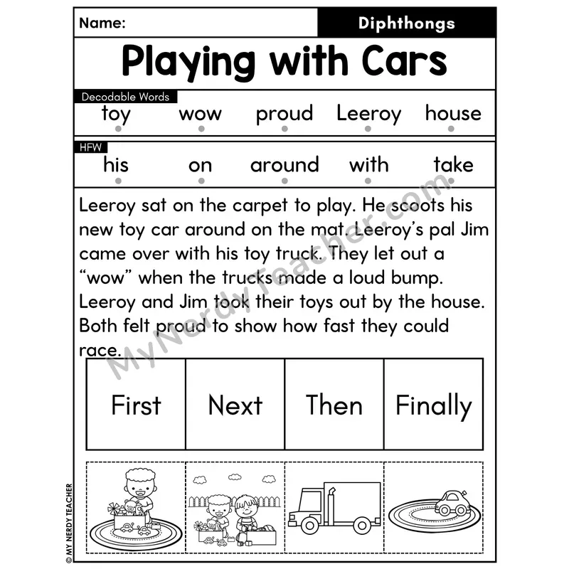 Diphthongs Decodable Passage with Sequencing #26 — Playing with Cars