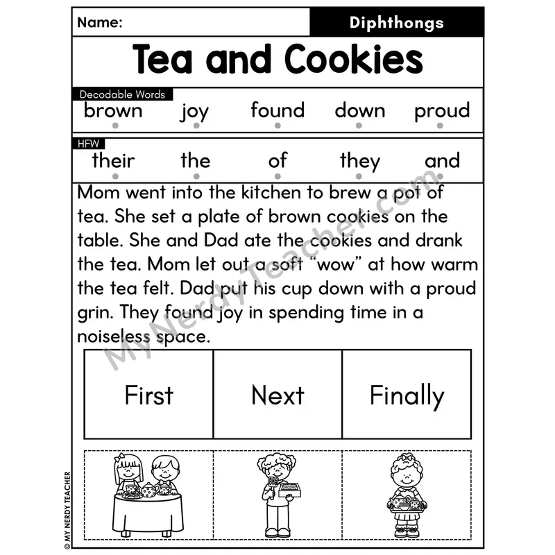 Diphthongs Decodable Passage with Sequencing #28 — Tea and Cookies
