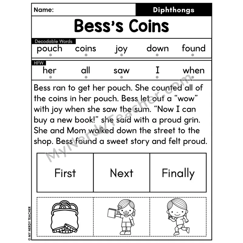 Diphthongs Decodable Passage with Sequencing #24 — Bess's Coins