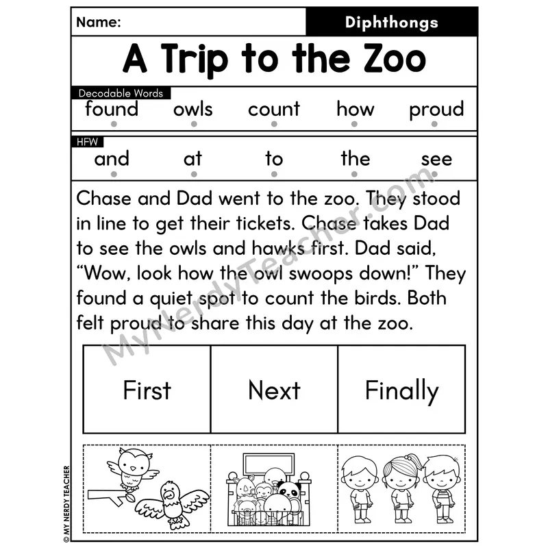 Diphthongs Decodable Passage with Sequencing #23 — A Trip to the Zoo