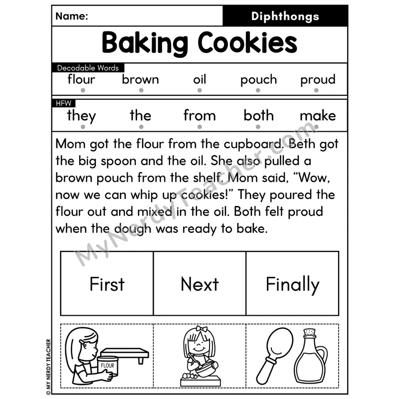Diphthongs Decodable Passage with Sequencing #17 — Baking Cookies