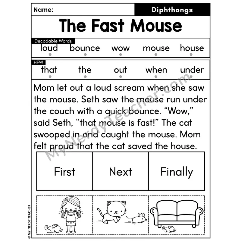 Diphthongs Decodable Passage with Sequencing #16 — The Fast Mouse