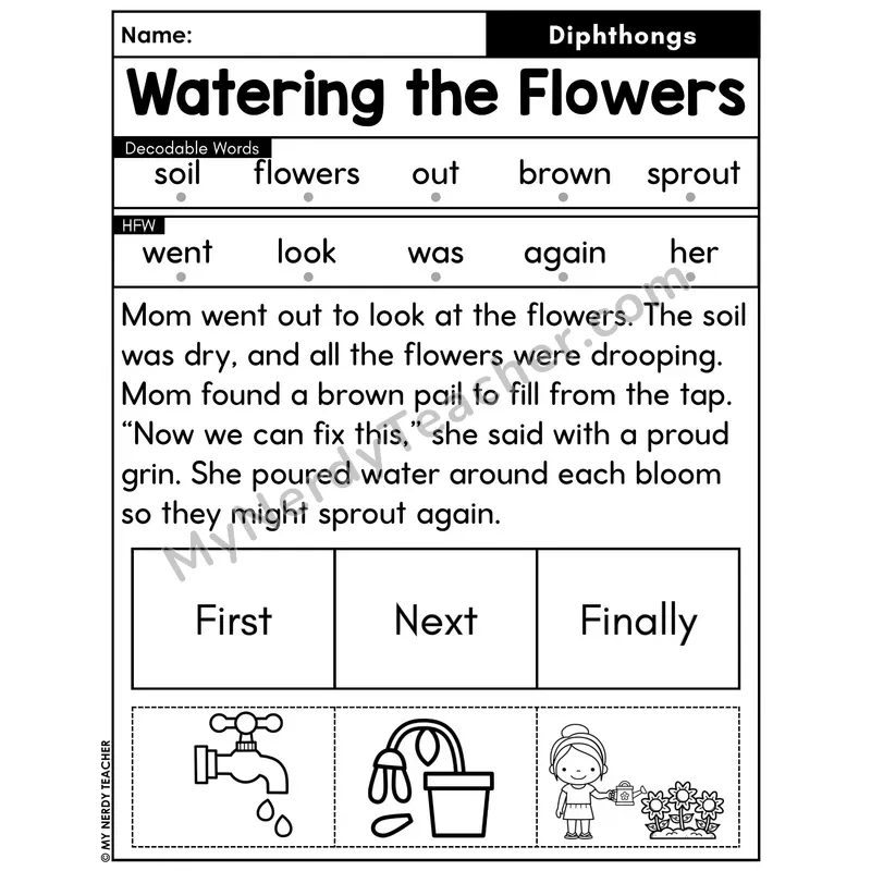 Diphthongs Decodable Passage with Sequencing #20 — Watering the Flowers