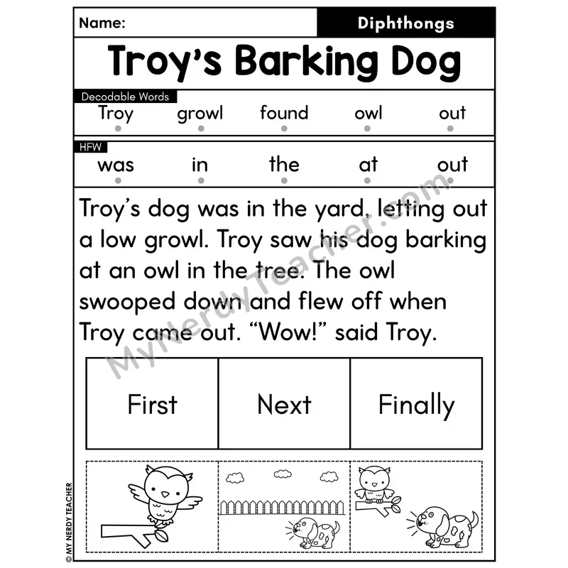 Diphthongs Decodable Passage with Sequencing #12 — Troy's Barking Dog