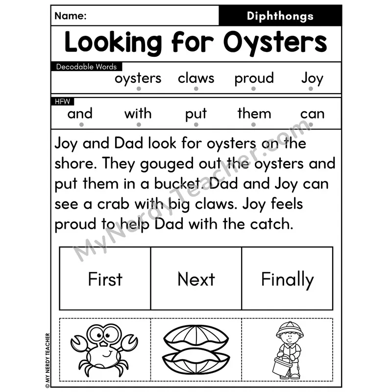Diphthongs Decodable Passage with Sequencing #15 — Looking for Oysters