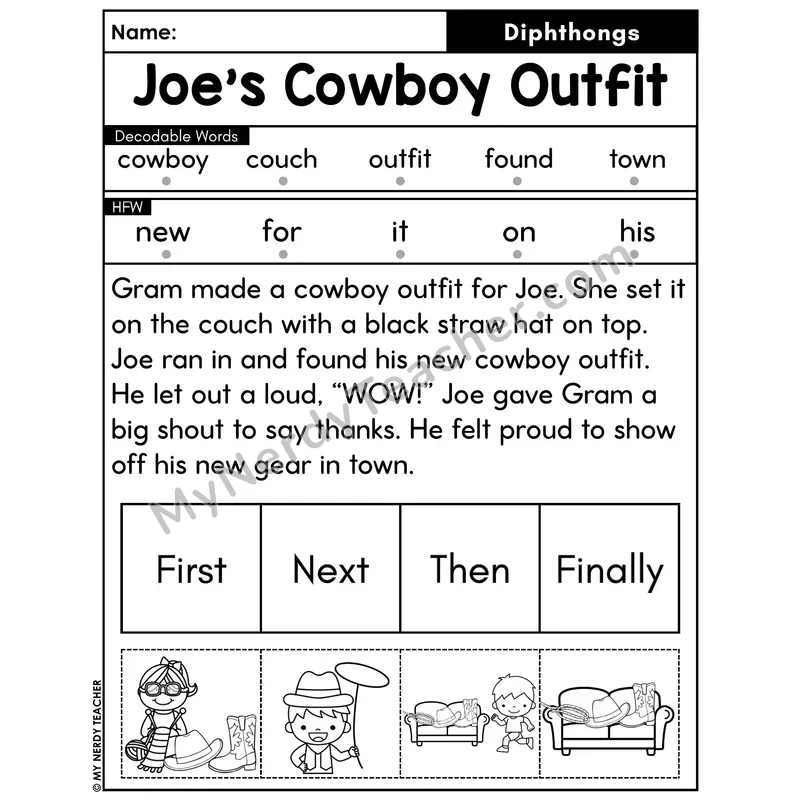 Diphthongs Decodable Passage with Sequencing #8 — Joe's Cowboy Outfit