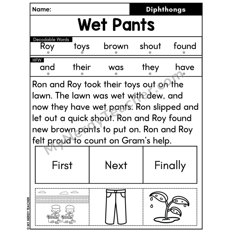 Diphthongs Decodable Passage with Sequencing #9 — Wet Pants