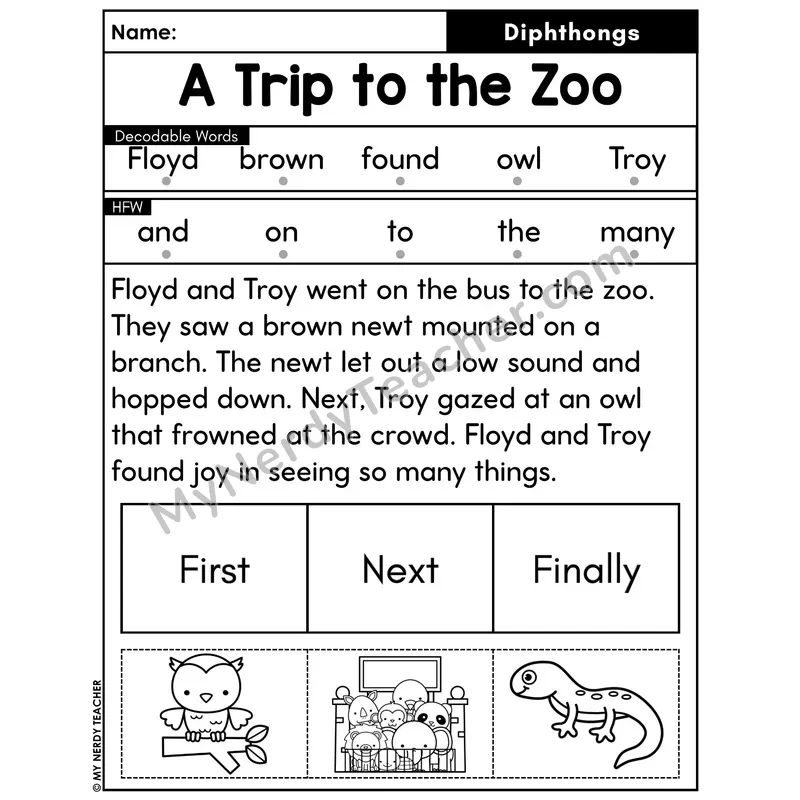 Diphthongs Decodable Passage with Sequencing #10 — A Trip to the Zoo