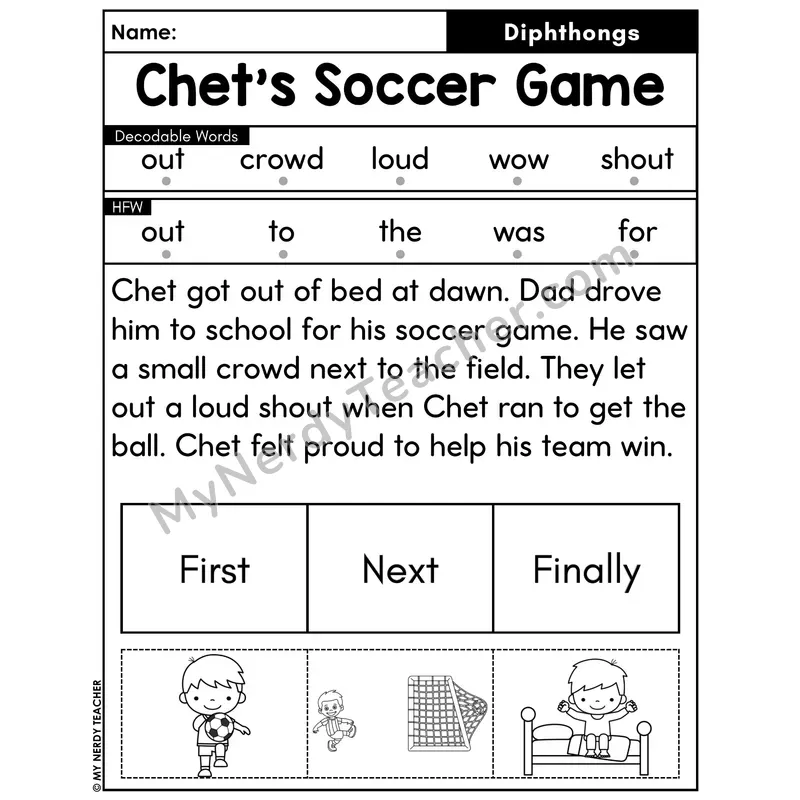 Diphthongs Decodable Passage with Sequencing #6 — Chet's Soccer Game