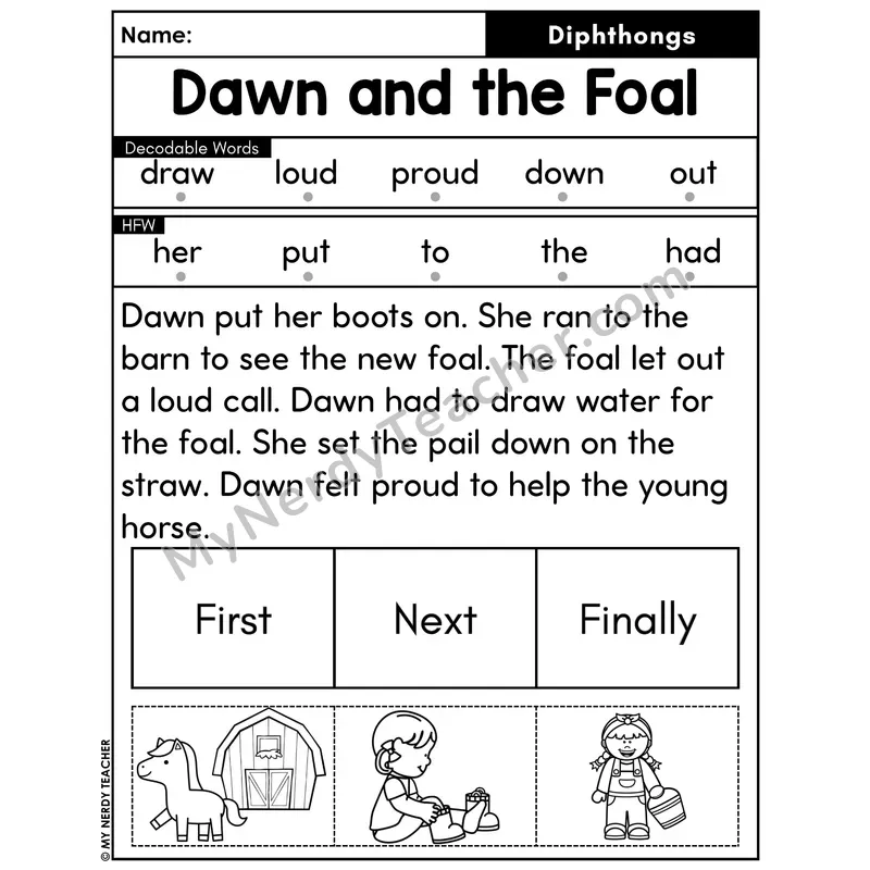 Diphthongs Decodable Passage with Sequencing #5 — Dawn and the Foal