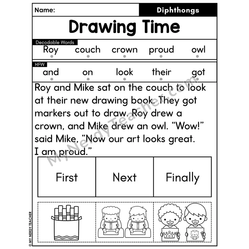 Diphthongs Decodable Passage with Sequencing #4 — Drawing Time