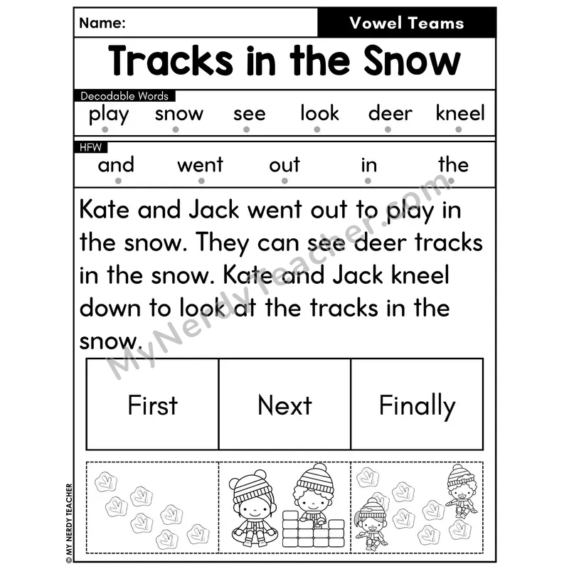 Vowel Teams Decodable Passage with Sequencing #47 — Tracks in the Snow