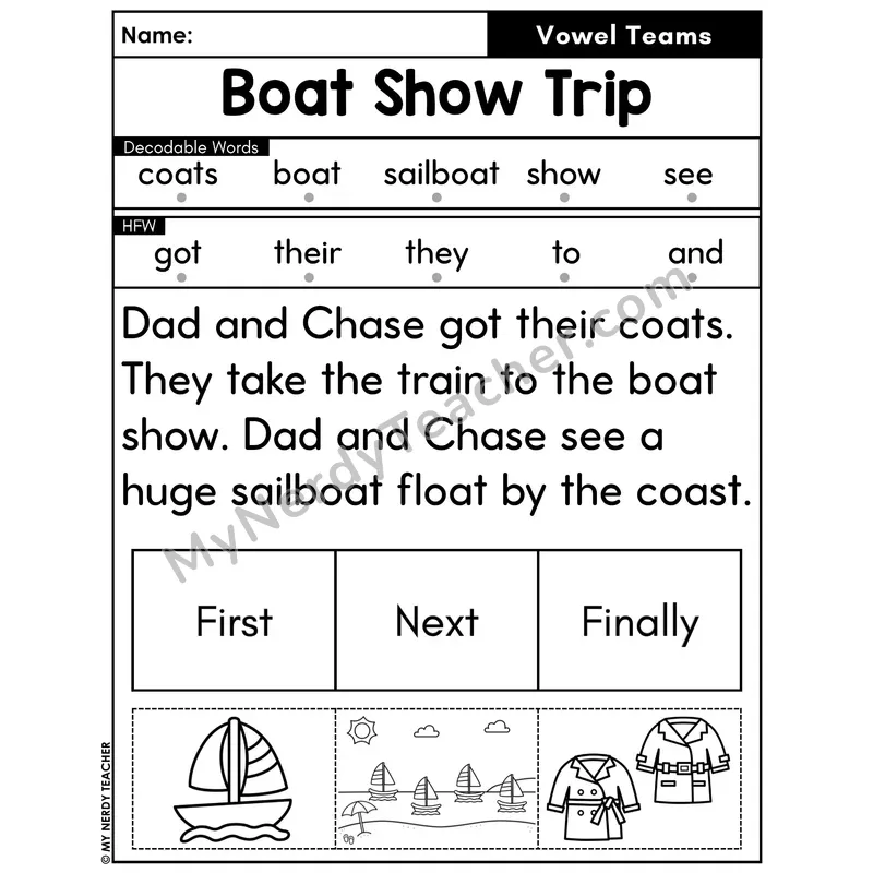 Vowel Teams Decodable Passage with Sequencing #49 — Boat Show Trip