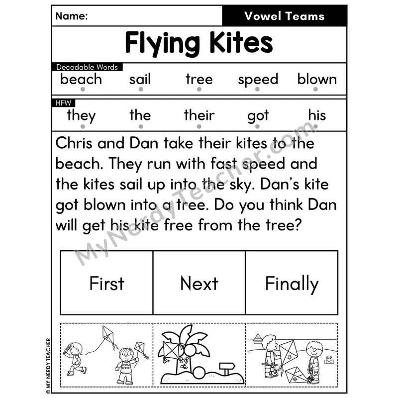 Vowel Teams Decodable Passage with Sequencing #50 — Flying Kites