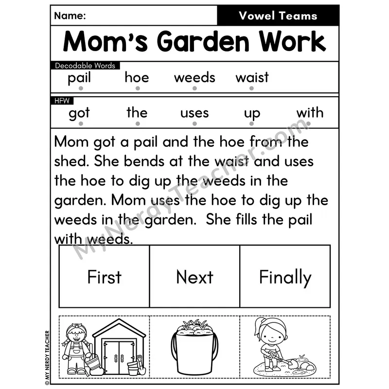 Vowel Teams Decodable Passage with Sequencing #46 — Mom's Garden Work