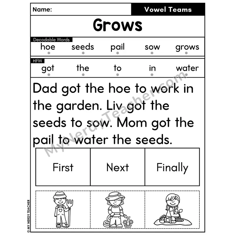 Vowel Teams Decodable Passage with Sequencing #42 — Grows